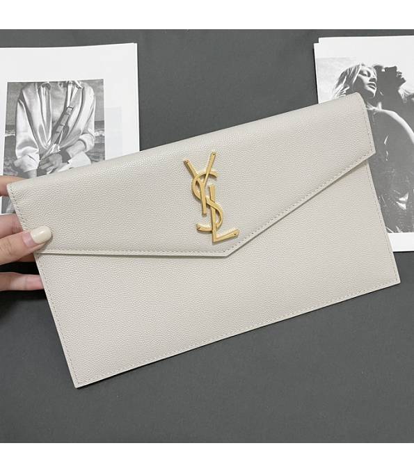 YSL Uptown White Original Caviar Veins Calfskin Leather Golden Metal Envelope Pouch