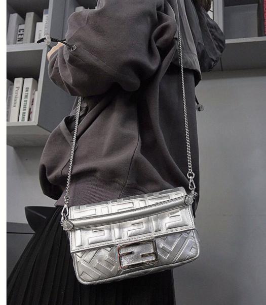 Fendi Baguette Three-Dimensional FF Silver Original Lambskin 19cm Mini Shoulder Bag