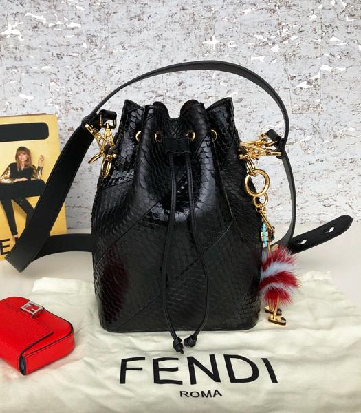 Fendi Tresor Black Original Python Veins Original Leather 18cm Medium Bucket Bag