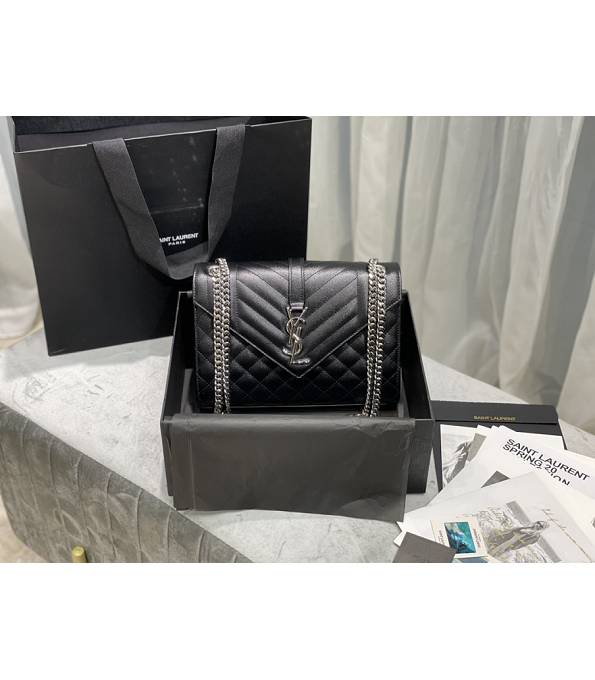 YSL Black Original Chevron Caviar Veins Calfskin Leather Silver Metal 24cm Envelope Bag