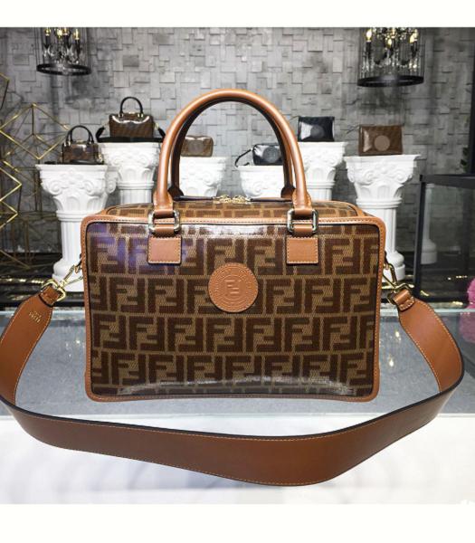 Fendi Boston Coffee FF PVC With Brown Original Leather 31cm Medium Bag