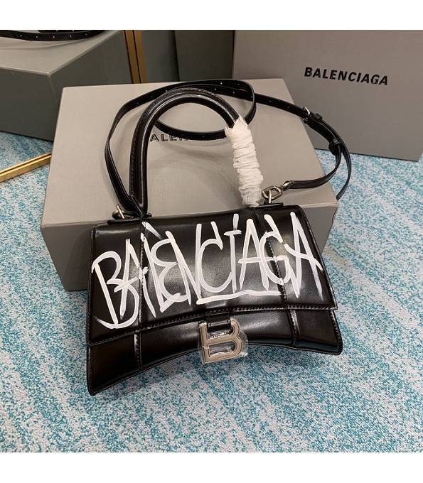 Balenciaga Graffiti Black Original Plain Veins Calfskin Silver Metal 23cm Hourglass Bag