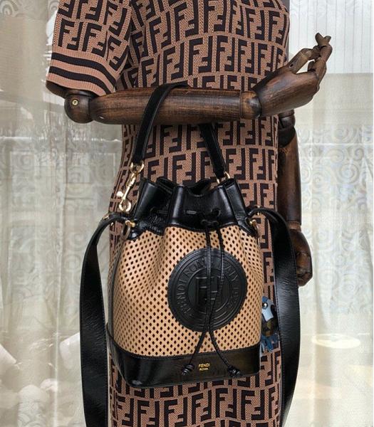 Fendi Mon Tresor Black Oil Wax With Apricot Hollow Original Leather 17cm Medium Bucket Bag