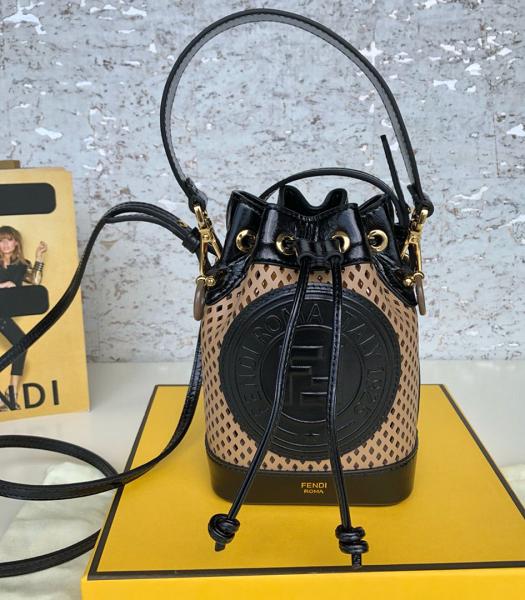 Fendi Mon Tresor Black Oil Wax With Apricot Hollow Original Leather 12cm Small Bucket Bag