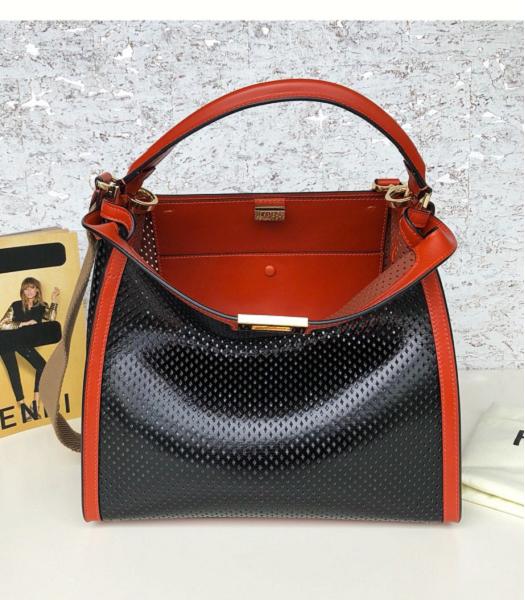 Fendi Peekaboo Red Oil Wax With Black Original Hollow Leather 30cm Tote Bag