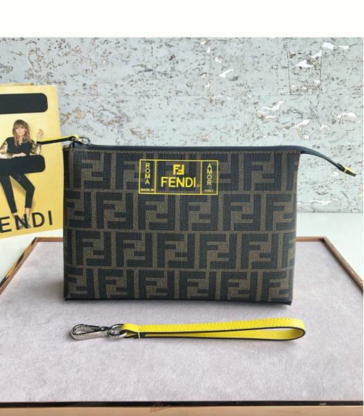 Fendi Label FF Coffee Original PVC 23cm Medium Clutch