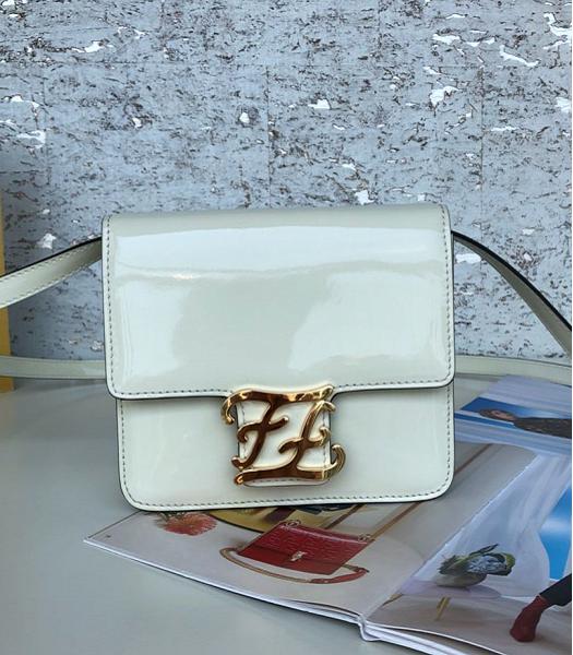 Fendi Karligraphy White Patent Leather Golden Metal 17cm Flap Shoulder Bag