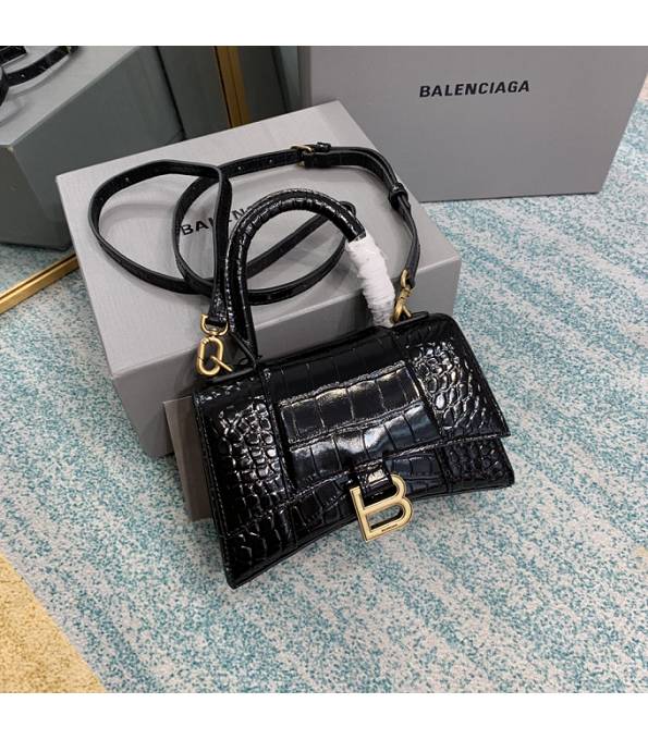 Balenciaga Black Original Croc Veins Calfskin Leather Golden Metal 19cm Hourglass Bag