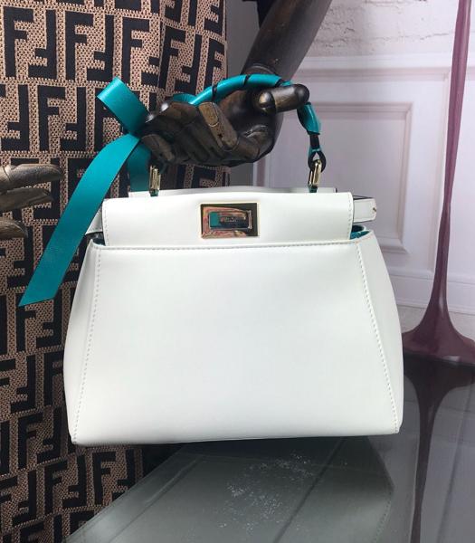 Fendi Peekaboo White Original Lambskin Leather Blue Weave Handle Golden Metal 23cm Mini Bag