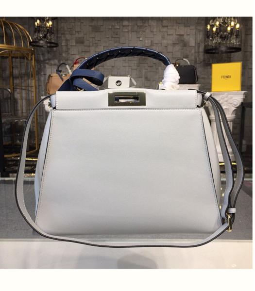 Fendi Peekaboo White Original Leather Blue Weave Handle Golden Metal 33cm Tote Bag