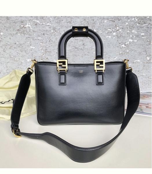 Fendi FF Black Oil Wax Original Leather Golden Metal Tote Bag