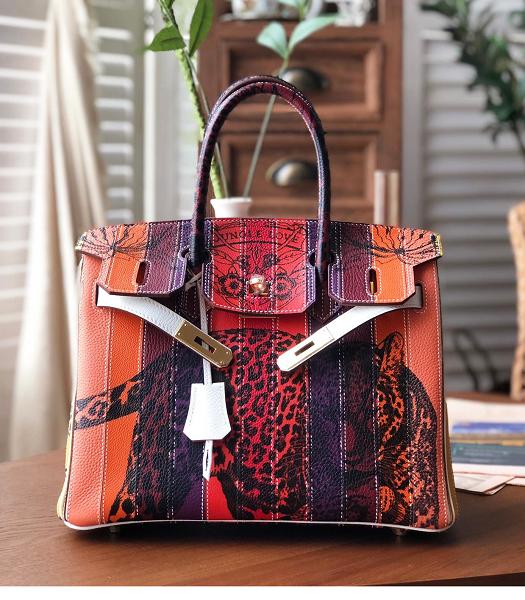 Hermes Birkin 30cm Bag Leopard Print Orange Imported Togo Leather Golden Metal