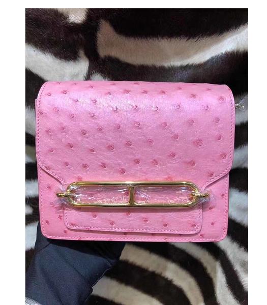 Hermes Roulis Mini 18cm Bag Pink Real Ostrich Leather Golden Meatal