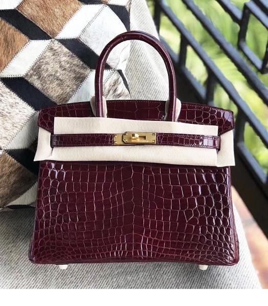 Hermes Birkin 30cm Bag Wine Red Real Croc Leather Golden Metal