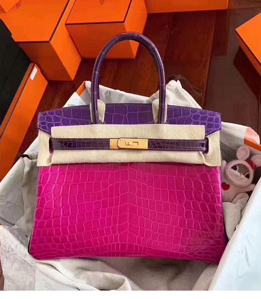 Hermes Birkin 30cm Bag Peach/Purple Real Croc Leather Golden Metal