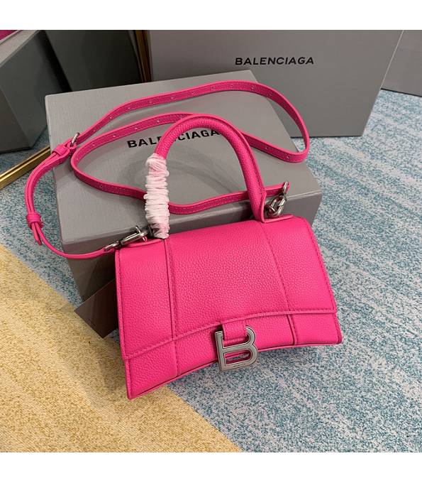 Balenciaga Fluorescence Rose Red Original Litchi Veins Calfskin Leather Silver Metal 19cm Hourglass Bag