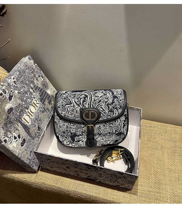 Christian Dior Tiger Embroidery Canvas Original Leather Medium Bobby Bag Black