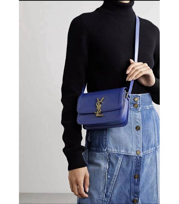 YSL Solferino Electric Blue Original Pin Stripes Box Calfskin Leather Golden Metal 23cm Satchel Bag