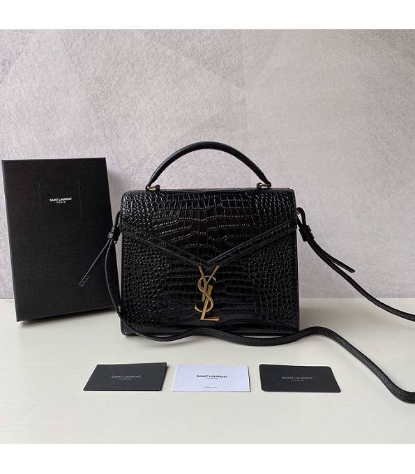 YSL Cassandra Black Original Croc Veins Real Leather Golden Metal Medium Top Handle Bag