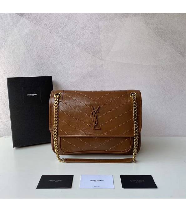 YSL Niki Brown Original Oil Wax Calfskin Leather Golden Metal 28cm Shoulder Bag