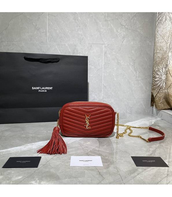 YSL Red Original Caviar Veins Calfskin Leather Golden Chain Lou Mini Camera Bag