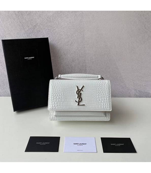 YSL Sunset White Original Croc Veins Leather Silver Metal Wallet On Chain