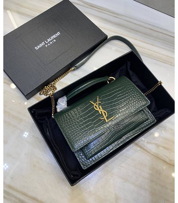 YSL Sunset Green Original Croc Veins Leather Golden Metal Wallet On Chain