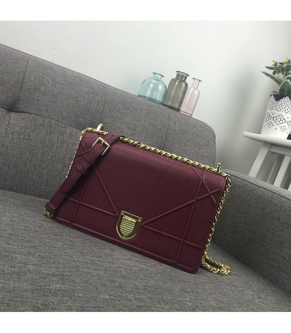 Christian Dior Diorama Original Litchi Veins Leather Golden Metal 25cm Shoulder Bag Wine Red