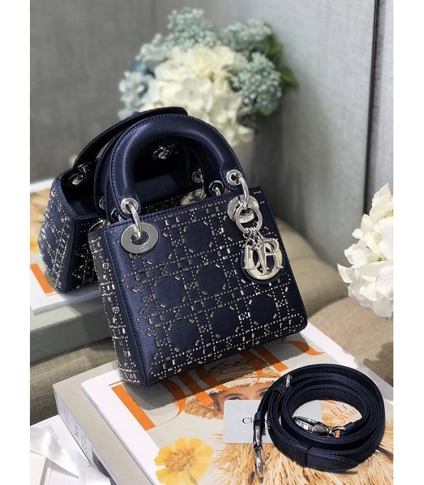 Christian Dior Mini Lady Classic Blue Original Lambskin Leather Diamond Silver Metal 17cm Tote Bag