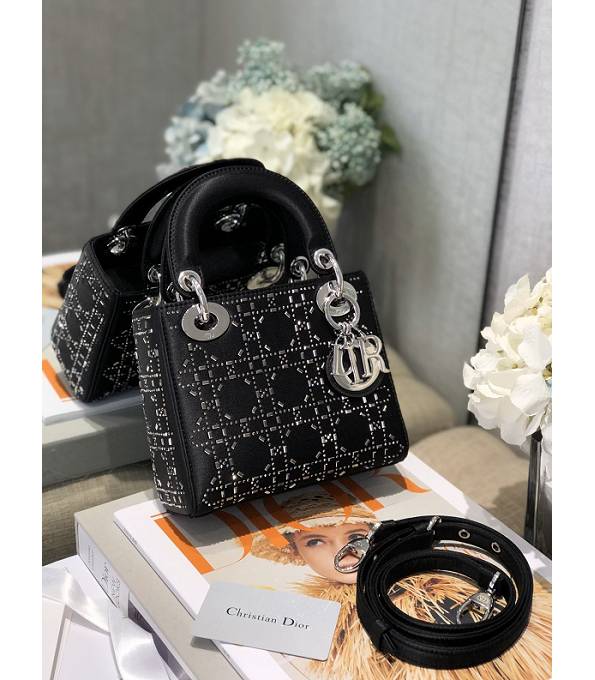 Christian Dior Mini Lady Classic Black Original Lambskin Leather Diamond Silver Metal 17cm Tote Bag