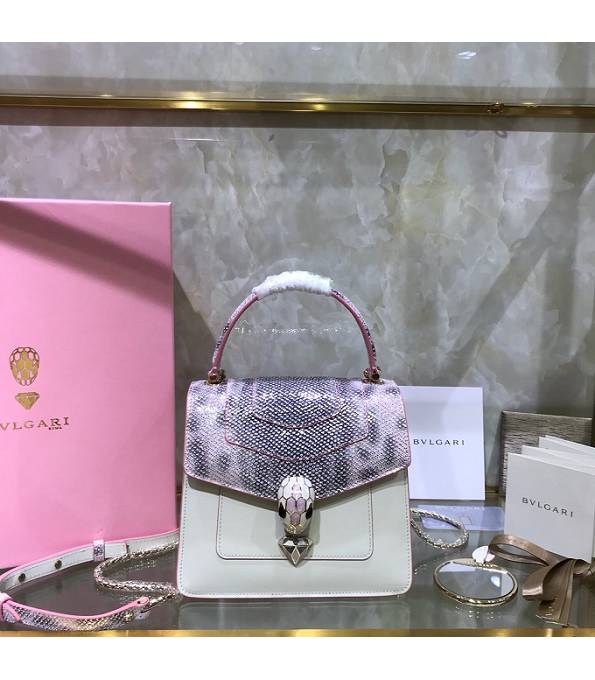 Bvlgari Pink Snake Veins Leather With White Original Calfskin 20cm Mini Tote Bag