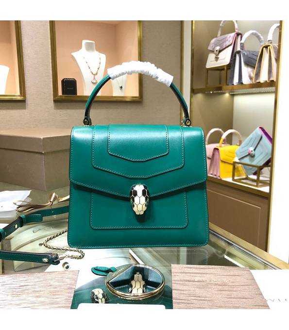 Bvlgari Vert Fonce Green Original Calfskin Leather Black Welting Leather 20cm Mini Tote Bag