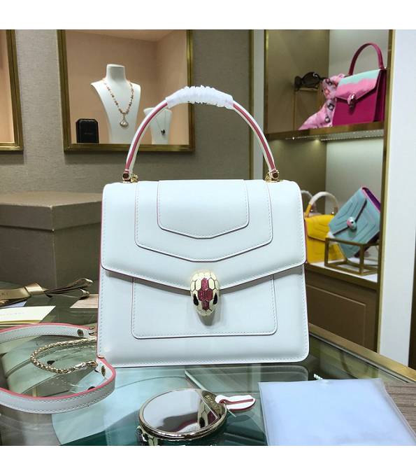 Bvlgari White Original Calfskin Leather Pink Welting Leather 20cm Mini Tote Bag