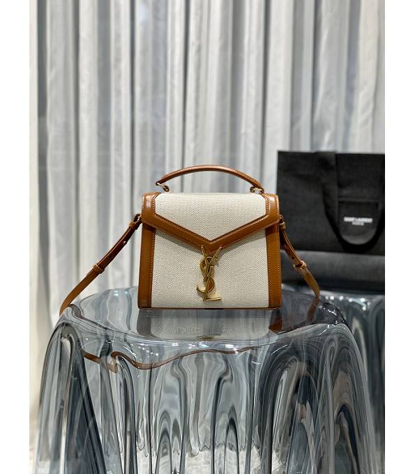 YSL Cassandra Canvas With Brown Original Calfskin Leather Golden Metal Mini Top Handle Bag