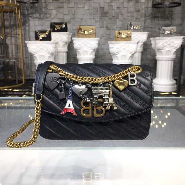 Balenciaga Lock Round BB Logo Quilted Matelasse Charms Chain Shoulder Bag 22cm Calfskin Leather Spring Summer 2018 Collection Black