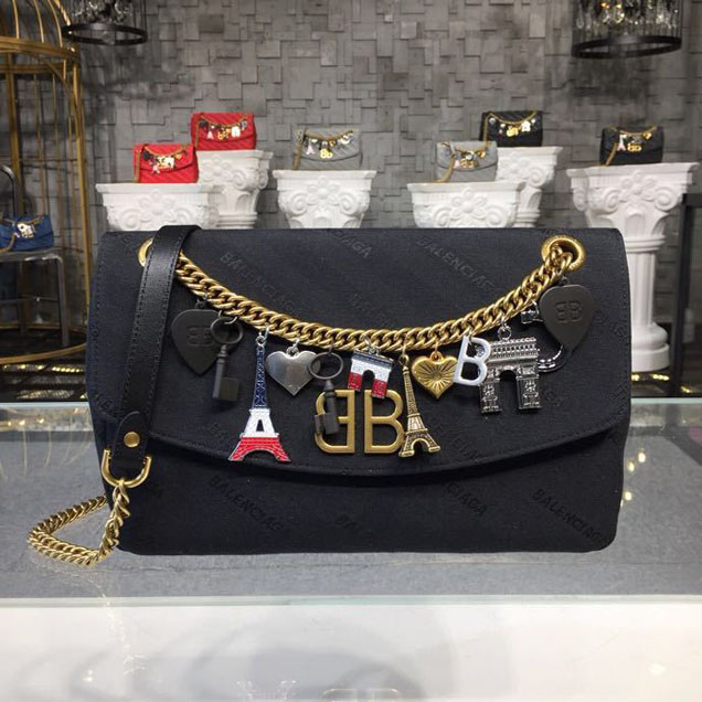 Balenciaga Lock Round BB Logo Charms Chain Shoulder Bag 28cm Calfskin Leather Spring Summer 2018 Collection Black