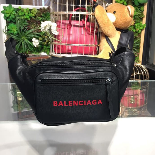 Balenciaga Logo Fanny Pack Bag 25cm Calfskin Leather Spring Summer 2018 Collection Black Red