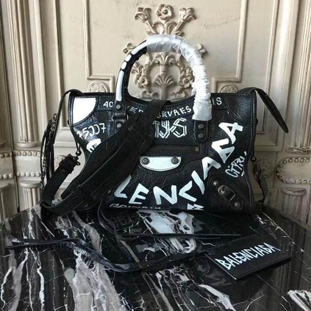 Balenciaga Graffiti Classic Small City Bag Black White Fall Winter 2017