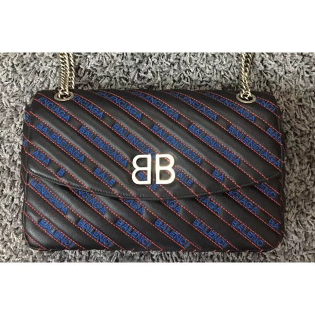 Balenciaga Matelassé Embroidered Blue Logo BB Charms Shoulder Bag Black with Chain Strap 2018