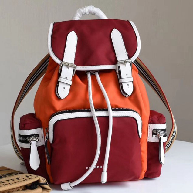 Burberry Medium Rucksace in Colour Block Nylon and Leather Burgundy/Orange 2018 Collection