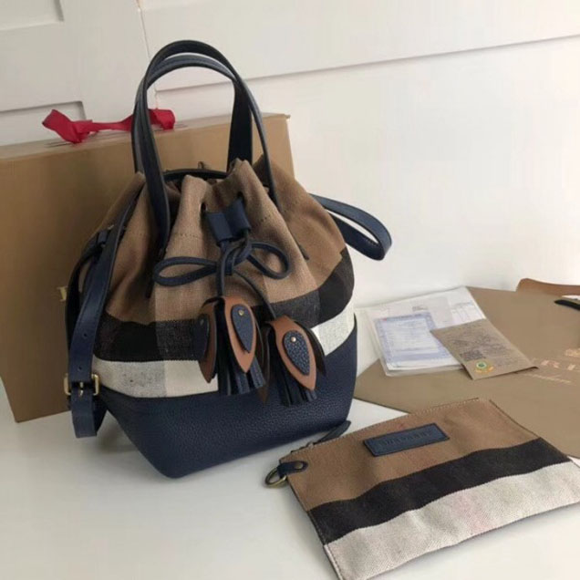 Burberry House Check and Leather Tassel Drawing Bucket Bag Blue 2018 Collection