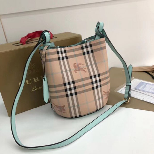 Burberry Haymarket Check and Leather Bucket Shoulder Bag Jade 2018 Collection