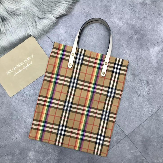 Burberry Small Shopping Tote in Rainbow Vintage Canvas and White Leather 2018 Collection