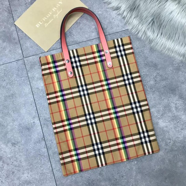 Burberry Small Shopping Tote in Rainbow Vintage Canvas and Pink Leather 2018 Collection