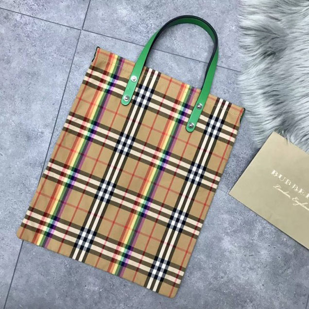 Burberry Small Shopping Tote in Rainbow Vintage Canvas and Green Leather 2018 Collection