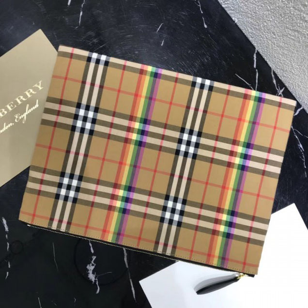 Burberry Large Rainbow Vintage Check Pouch Black Leather 2018 Collection