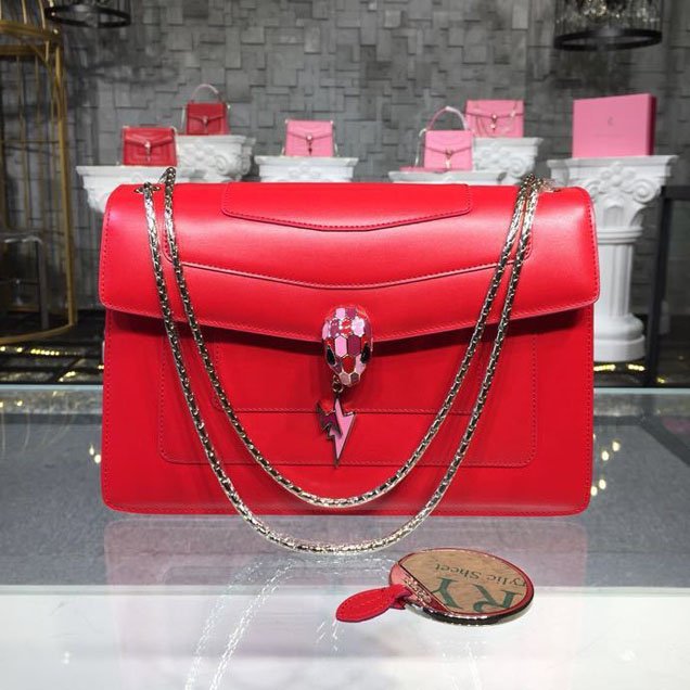 Bulgari Serpenti Forever Candy Quartz Pop Thunder 28cm Bag with Two Gussets Calfskin Leather Spring Summer 2018 Collection Ruby Red Flame Coral