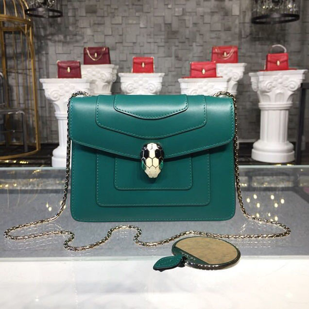 Bulgari Serpenti Forever Shiny Black and White Enamel with Green Malachite Eye Closure 20cm Bag with Single Gusset Chain Calfskin Leather Spring Summer 2018 Collection Forest Emerald