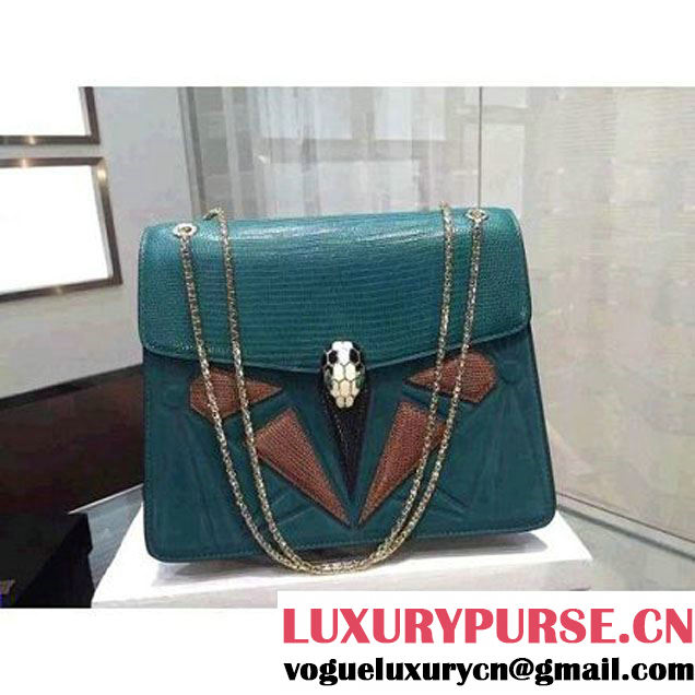 Bvlgari Aqua Green Calf Leather Lizard Pattern Serpenti Forever Flap Cover Bag 25cm (BGJ-121212 )