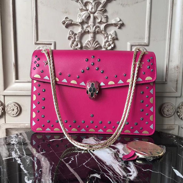 Bulgari Serpenti Star Studs Bag 27cm Large with Two Gussets Bag Calfskin Leather Fall Winter 2017 Collection Fuchsia